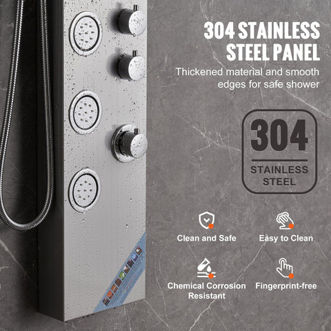 Shower Panel System, 4 Shower Modes Shower Panel Tower, Rainfall, Waterfall, 5 Full Body Massage Jets and 3-Setting Handheld Shower Head with 59" Hose, Stainless Steel Wall-Mounted Shower Set