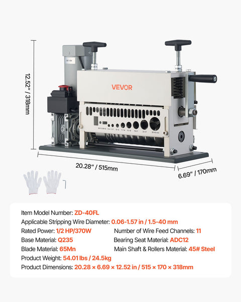 Electric Wire Stripper Machine, 1.5-40 mm, 11 Channel Automatic Copper Cable Stripper, 370W Wire Stripper Tool with Manual Hand Crank Mode, Emergency Stop Button, for Scrap Copper Recycling