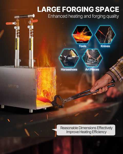 Portable Propane Forge, 2 Burners, 2600℉ Tool and Knife Making Blacksmithing Farrier Forge, Large Capacity Square Shape, Stainless Steel Gas Forging Tools and Equipment, Use for Metal Forging