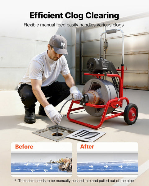 Drain Cleaner Machine 22m x 9.5mm, Sewer Snake Auger on Wheels, Manual Feed Drain Cleaning Machine with Adjustable Drum Angle, 6 Cutters & Air-activated Foot Switch for 50mm to 100mm Pipes