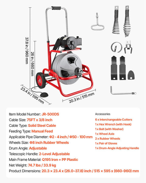 Drain Cleaner Machine 22m x 9.5mm, Sewer Snake Auger on Wheels, Manual Feed Drain Cleaning Machine with Adjustable Drum Angle, 6 Cutters & Air-activated Foot Switch for 50mm to 100mm Pipes