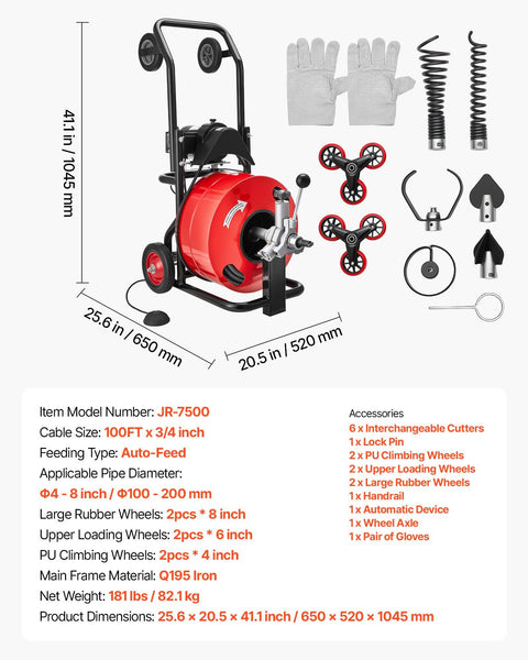 Drain Cleaner Machine 30m x 19mm, Auto Feed Sewer Snake Auger, Portable Drain Cleaning Machine with Multi-Wheel Combination, 6 Cutters & Air-Activated Foot Switch for 100mm to 200mm Pipes