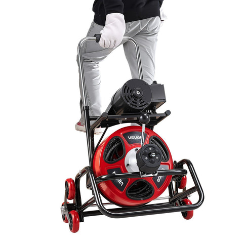 Drain Cleaner Machine 30m x 9.5mm, Auto Feed Sewer Snake Auger, Portable Drain Cleaning Machine with Climbing Wheels, Adjustable Drum, 8 Cutters & Foot Switch for 50mm to 100mm Pipes