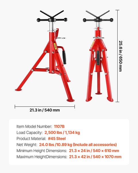 V Head Pipe Stand 0.32 - 30.48 cm Capacity, Adjustable Height 610mm-1067mm, Pipe Jack Stands 1134kg Load Capacity, Portable Folding Pipe Stands, Carbon Steel Body for Enhanced Durability