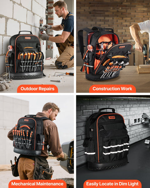 Tool Backpack, 64 Pockets, Heavy-duty Tools Storage Organizer Work Bags with Laptop Compartment & Molded Base, Electrician Jobsite Backpack for Electrician, Repairman, and HVAC Techs