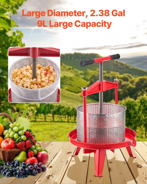 2.38 Gal/9L Fruit Wine Press, Stainless Steel Basket with Cross-beam and Triangular Structure, Manual Juice Maker, Cider Apple Grape Tincture Making Press with T-Handle for Kitchen Home