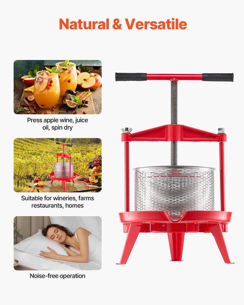 2.38 Gal/9L Fruit Wine Press, Stainless Steel Basket with Cross-beam and Triangular Structure, Manual Juice Maker, Cider Apple Grape Tincture Making Press with T-Handle for Kitchen Home
