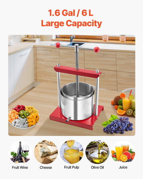 VEVOR Fruit Wine Press Manual Press for Wine Making 1.6 Gal/6L Stainless Steel