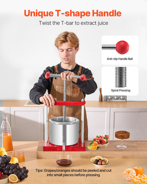 VEVOR Fruit Wine Press Manual Press for Wine Making 1.6 Gal/6L Stainless Steel
