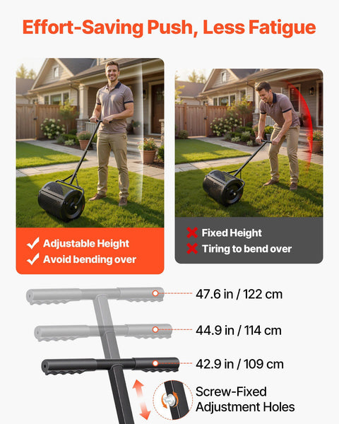 Compost Spreader, 42 cm Wide Peat Moss Spreader with T Shaped Handle, 3 Heights Adjustable, Powder-Coated Steel Garden Peat Moss Roller, Heavy Duty Grass Seed Roller for Planting Seeding, Black