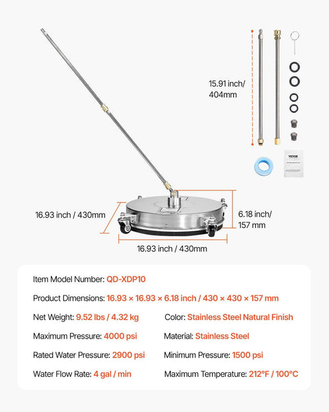 16.5" Pressure Washer Surface Cleaner, Stainless Steel Pressure Washer Attachments with 4 Wheels, 4000 Max PSI, 1/4 Quick Connector, 2 Spray Nozzles, 2 Extended Wands for Concrete, Patio, Deck