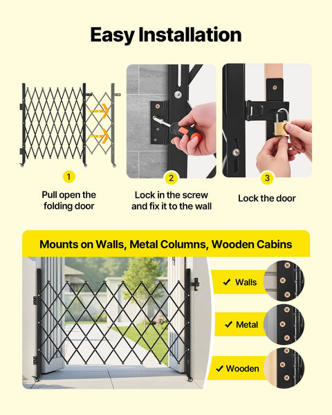 Single Folding Security Gate, Lockable Scissor Gate with 360 degree Swivel Casters, Outdoor Barricade Steel Retractable Gates, for Entry Security, Garage, Warehouse & Pool, 1700 x 1310 mm (W x H)
