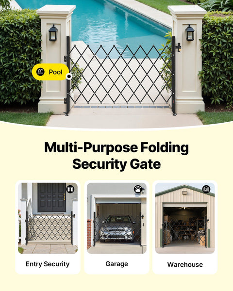 Single Folding Security Gate, Lockable Scissor Gate with 360 degree Swivel Casters, Outdoor Barricade Steel Retractable Gates, for Entry Security, Garage, Warehouse & Pool, 1700 x 1310 mm (W x H)