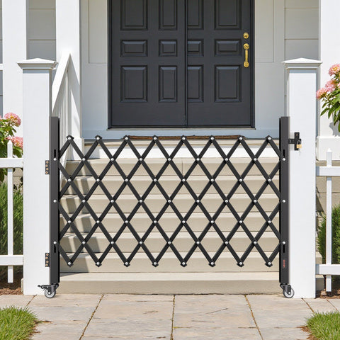 Single Folding Security Gate, Lockable Scissor Gate with 360 degree Swivel Casters, Outdoor Barricade Steel Retractable Gates, for Entry Security, Garage, Warehouse & Pool, 1700 x 1310 mm (W x H)