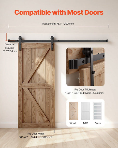 6.6FT Sliding Barn Door Hardware Kit, 330 LBS Weight Capacity, Compatible with 36-40 Inches Width & 1-3/8 to 1-3/4 Inches Thickness Single Sliding Barn Door, Durable Track & J-shape Roller Black