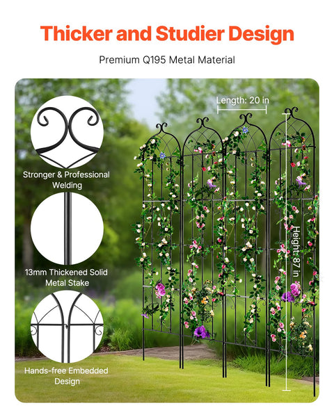 Garden Trellis for Climbing Plants, 87 x 20 in, 4 Packs Rustproof Metal Garden Flower Trellis, Outdoor Climbing Rose Trellis Cucumbers Support, Decorative Clematis Trellis for Courtyards Lawns
