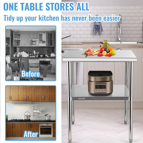 VEVOR Stainless Steel Work Prep Table Commercial Food Prep Table 30x30x36in