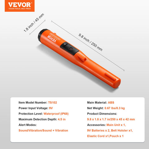 Metal Detector Pinpointer, IP68 Fully Waterproof Handheld Pin Pointer Wand, 11.4 cm Detection Depth, 3 Modes, Professional Treasure Hunting Probe with Holster and 9V Battery, for Adults and Kids