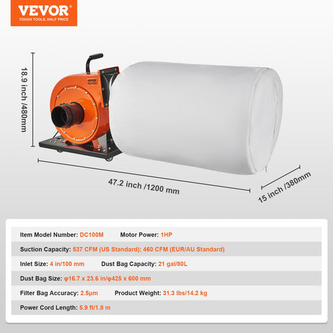 Dust Collector, 1HP 460 CFM Air Flow, Rolling Dust Collector with 80L Large Dust Collection Bag, 2.5 Micron Bag Filtration, Industrial Workshop Mobile Wood Dust Container with Handle and Wheels