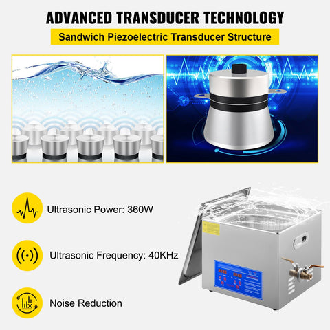 Vevor Powerful Stainless Steel 13.5-15 L Liters Ultrasonic Cleaner 360W Digital Heater Timer