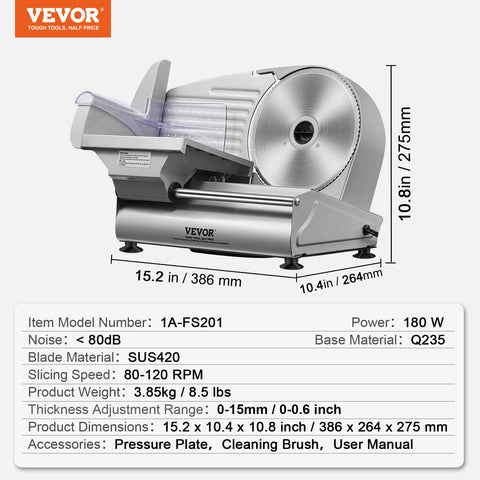 VEVOR Meat Slicer, 180W Electric Deli Food Slicer with 7.5" SUS420 Stainless Steel Blade and Blade Guard, 0 - 0.6 inch Adjustable Thickness for Home Use, Easy to Clean, Cut Meat, Bread, Ham and Cheese