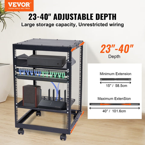 15U Open Frame Server Rack, 23-40 in Adjustable Depth, Free Standing or Wall Mount Network Server Rack, 4 Post AV Rack with Casters, Holds All Your Networking IT Equipment AV Gear Router Modem