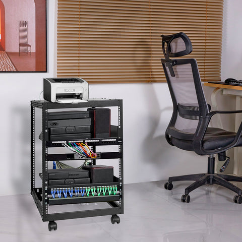 15U Open Frame Server Rack, 23-40 in Adjustable Depth, Free Standing or Wall Mount Network Server Rack, 4 Post AV Rack with Casters, Holds All Your Networking IT Equipment AV Gear Router Modem