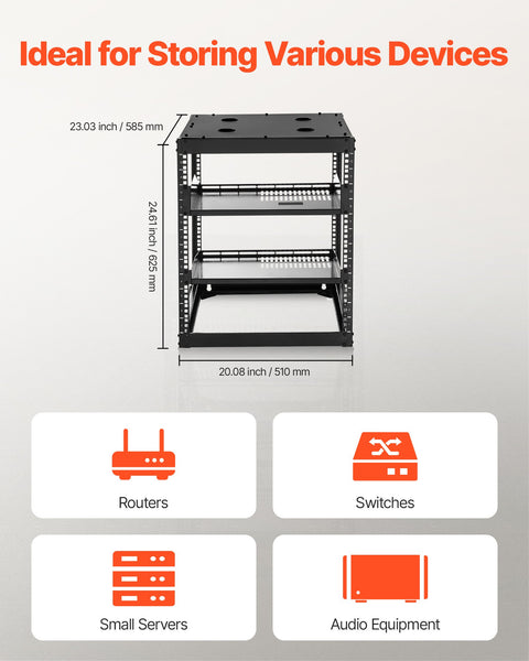 12U Open Frame Network Rack, 585 mm Depth, Wall Mounted or Floor Standing Server Rack, Heavy Duty 4 Post, with Vented Shelves & Mounting Hardware, Holds All Your Networking IT Equipment AV Gear