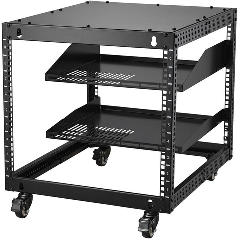 9U Open Frame Server Rack, 584.2 to 1016 mm Adjustable Depth, Free Standing or Wall Mount Network Server Rack with 360° Casters, Heavy Duty 4 Post Holds All Your Networking IT Equipment AV Gear