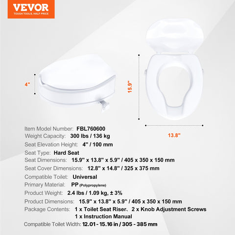 VEVOR Raised Toilet Seat, 100 mm Height Raised, 136 kg Weight Capacity, Universal Toilet Seat Riser, Screw Rod Locking, with Toilet Seat, for Elderly, Handicap, Patient, Pregnant, Medical