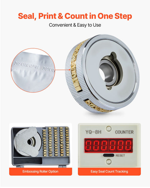 Continuous Bag Band Sealing Machine, 6-12 mm Seal Width, Vertical Band Sealer Machine with Roller Printing , Temp & Speed Adjustable, Commercial Heat Sealer Machine for 0.03-0.8 mm Plastic Bags