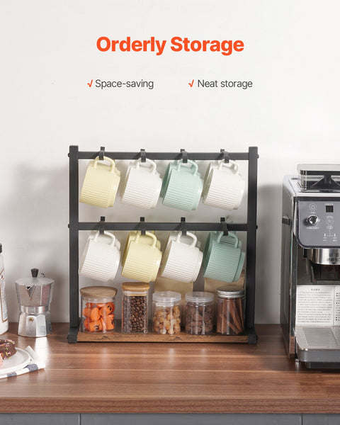 VEVOR Coffee Mug Holder for Countertop 16 Hooks Cup Rack with Wood Storage Base
