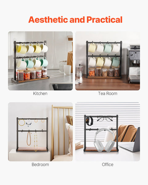 VEVOR Coffee Mug Holder for Countertop 16 Hooks Cup Rack with Wood Storage Base