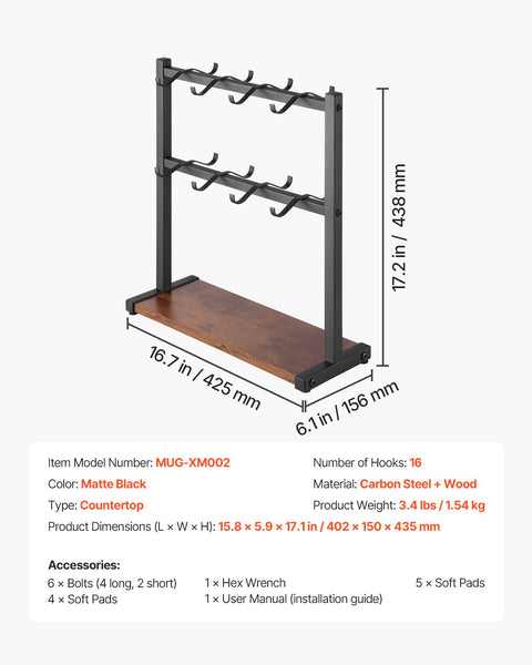 VEVOR Coffee Mug Holder for Countertop 16 Hooks Cup Rack with Wood Storage Base