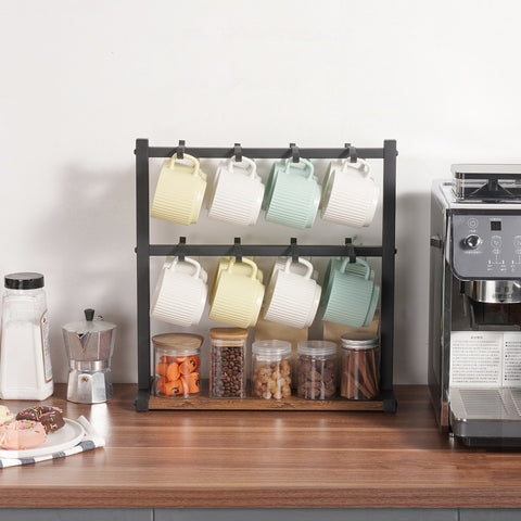 VEVOR Coffee Mug Holder for Countertop 16 Hooks Cup Rack with Wood Storage Base