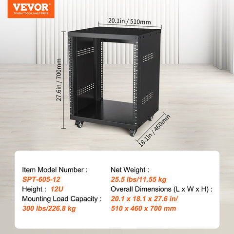 12U AV Rack Stand, 136.08kg Capacity, Network Stereo Recording Studio Rack with Lockable Caster Wheels Round & Square Holes, Special Vent for 482.6 mm Audio Video Musical & IT Equipment Mounting