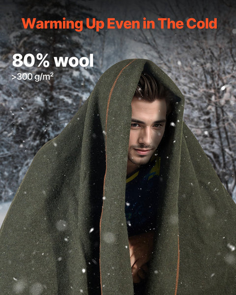 Wool Camping Blanket, Large Warm Stadium Blanket, Waterproof & Windproof, Flame Retardant, Great for Outdoors, Picnics, Hiking, Sports Events, Travel, 1.62 m x 2.23 m (80% Wool), Army Green