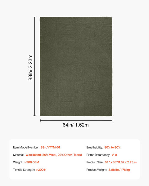 Wool Camping Blanket, Large Warm Stadium Blanket, Waterproof & Windproof, Flame Retardant, Great for Outdoors, Picnics, Hiking, Sports Events, Travel, 1.62 m x 2.23 m (80% Wool), Army Green