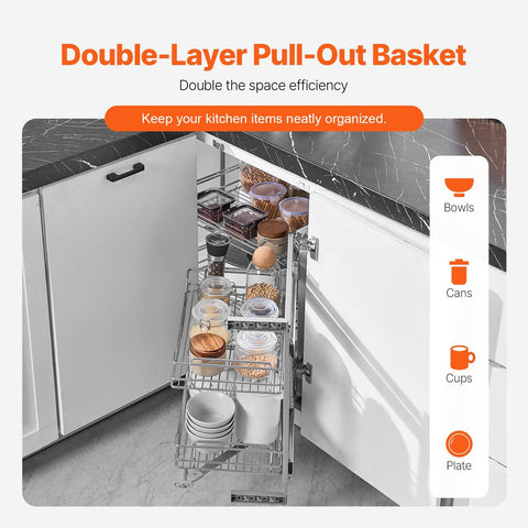 18"W Opening Blind Corner Pull Out Organizer, 2 Tier 4 Shelf Kitchen Cabinet Organizer, Magic Chrome Carbon Steel Storage Basket, Slide Out Storage Organizer, Left & Right Open Compatible