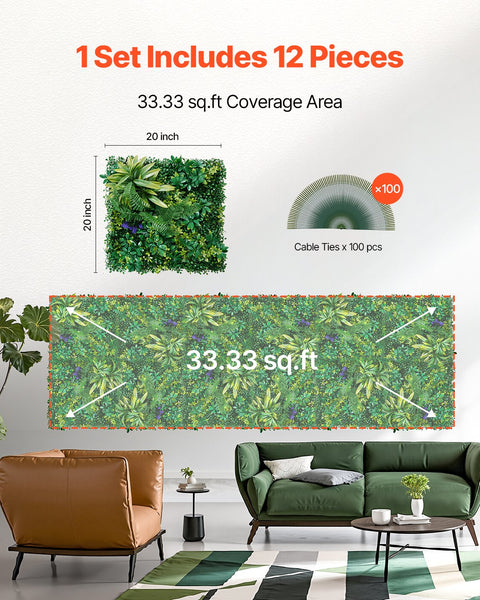 Artificial Grass Wall Panels, 12 PCS 20 x 20 inch, 3D Combination Greenery Boxwood Panel for Indoor Outdoor Green Decor & Ivy Fence Covering, Privacy Backdrop Wall Hedge Screen for Garden