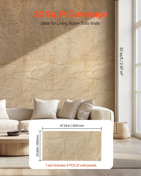 3D Wall Panels, 4 Pack 120 x 60 cm PU Natural Stone Imitation Wall Art Tiles, 2.97 m² Coverage Accent Wall Panel, Interior Home Decor for Ceiling, Bedroom, Living & Gaming Room, Stone Yellow