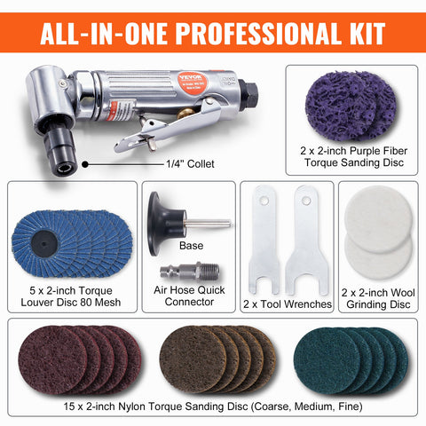 Air Angle Die Grinder, 1/4" Right Angle Die Grinder (20000RPM), Heavy Duty 90-Degree Angled Air Powered, 24PCS Discs for Grinding, Polishing, Deburring, Rust Removal