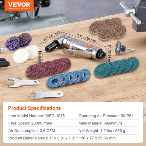 Air Angle Die Grinder, 1/4" Right Angle Die Grinder (20000RPM), Heavy Duty 90-Degree Angled Air Powered, 24PCS Discs for Grinding, Polishing, Deburring, Rust Removal