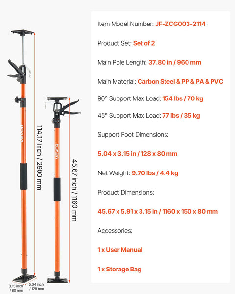 Cabinet Jack Support Pole, 2-Pack, 116-290 cm Steel Telescopic Quick Support Rod, Adjustable 3rd Hand System up to 70 kg Capacity for Installing Cabinets, Lifting Drywall, Cargo Bars