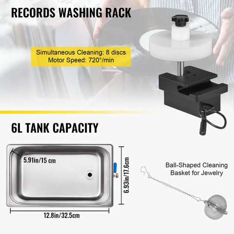 Ultrasonic Vinyl Record Cleaner 6L 40kHz Vinyl Ultrasonic Cleaning Machine Knob Control Record Ultrasonic Cleaner 8 Records Vinyl Sonic Cleaner Stainless Steel Tank with Mechanical Heater & Time