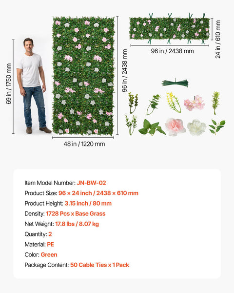 Artificial Luxury‌ Flower Wall Backdrop, 2 PCS, Each Panel 61 x 243.8 cm, Gorgeous 3D Silk Floral Backdrop Pet Friendly, Easy Installation Flower Wall Panel for Wedding, Event, Party, Home Decor