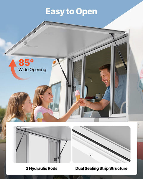 Concession Window 1524x915 mm, Aluminum Alloy Service Window for Food Truck, Up to 85 Degrees Stand Serving Window with 4 Sliding Windows, Awning Door, and Drag Hook, for Concession Trailers