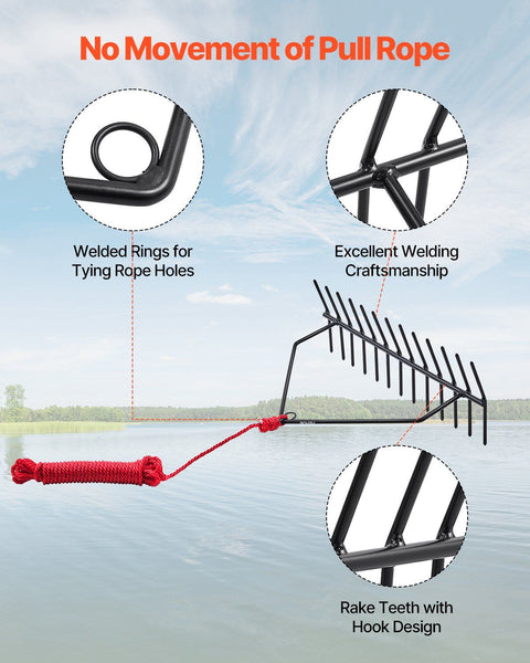 24 in Aquatic Weed Rake, 8.7 in Double Sided Lake Weed Rake, Pond Weeds Cutter with 30ft Rope, Tie Hole, No Assembly Required, Lightweight Muck Lilypad Clearing Tool for Pond, Lake, Rivulet