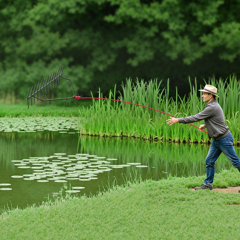 24 in Aquatic Weed Rake, 8.7 in Double Sided Lake Weed Rake, Pond Weeds Cutter with 30ft Rope, Tie Hole, No Assembly Required, Lightweight Muck Lilypad Clearing Tool for Pond, Lake, Rivulet