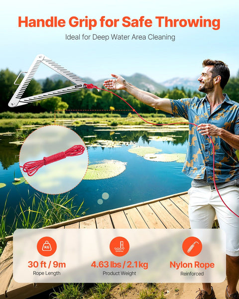 24in Aquatic Weed Rake, 3-Sided Lake Weed Rake with Handle, Portable and Foldable Pond Water Grass Razor, Stainless Steel Throwable Floating Pond Weeds Cutter with 30 ft Rope, for Lakes Ponds